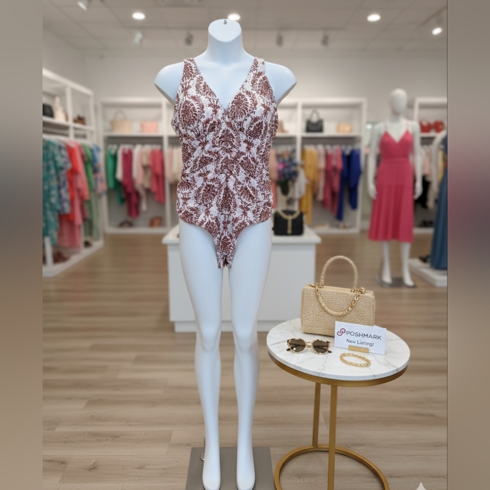 Brown & Cream Damask One-Piece Swimsuit | Plus Size 3XL